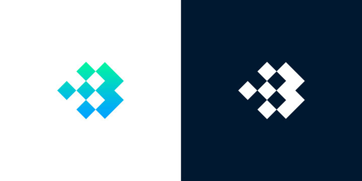 Modern minimalist letter B logo icon for technology and software company with geometric pixel art design and abstract digital data concept