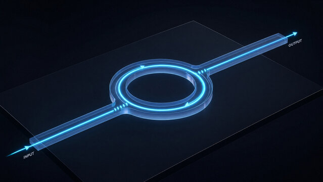 3D topological photonic crystal ring cavity photon trapping concept, translucent ring resonator with glowing localized coherent optical circulation with copy space