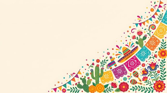 Festive mexican new year flower background with vibrant watercolor illustrations of traditional cultural elements and plants