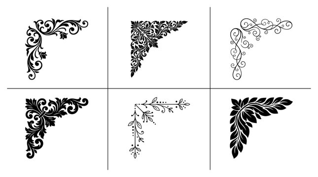 Ornate corner floral elements and scrolls for decoration, graphic design