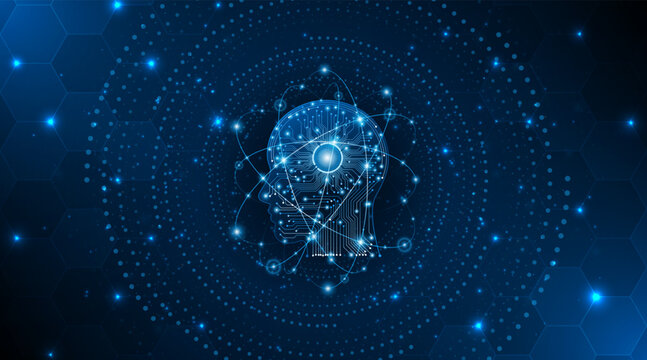 Futuristic AI human head with circuit board and glowing digital brain on dark blue background for technology and innovation concept.