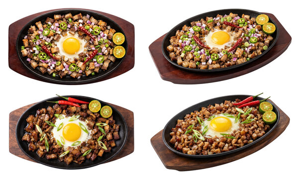 Filipino sizzling pork sisig platter with egg calamansi traditional cuisine set isolated on transparent background