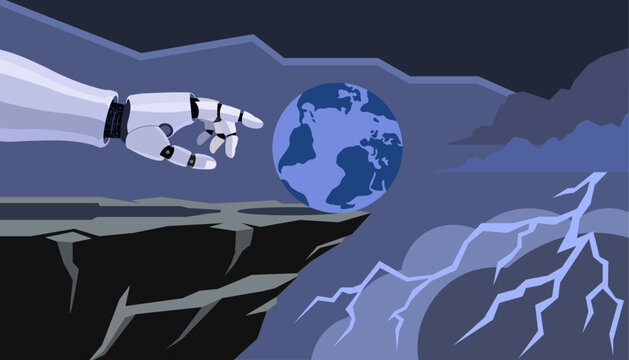 Robotic hand pushing planet Earth into abyss. Artificial intelligence threats to humanity, AI risks and global catastrophe concept.