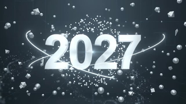 Futuristic 2027 New Year Background with Floating Particles and Geometric Shapes - A sleek, futuristic 3D animation featuring the number 2027 in silver metallic text.