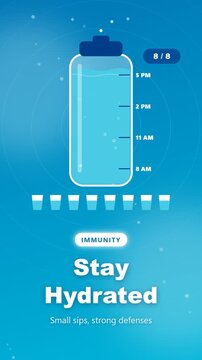 Vertical hydration animation of a reusable water bottle filling up as daily goal icons light up in a seamless loop