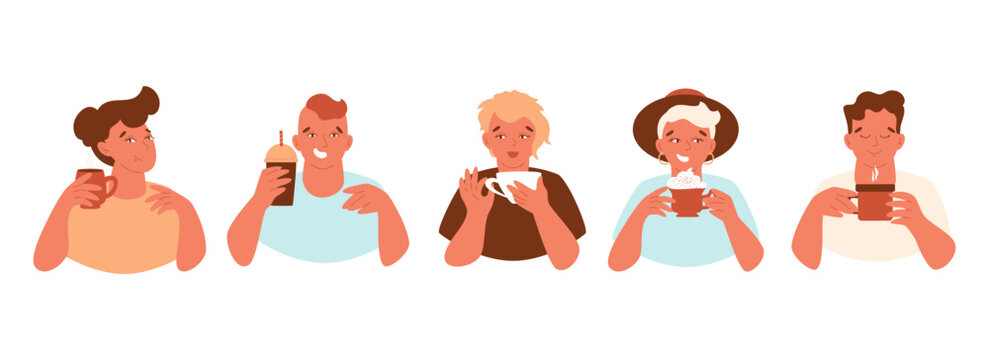 People with cups. Coffee, tea or hot drinks lovers. Men, women abstract portraits. Vector illustration. Set of young, stylish characters holding mugs. Elements for caf&eacute; designs, social media avatars.