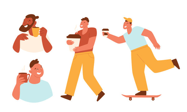 Men with coffee to go and mugs. Сoffee lover concept. Portraits of young guys, happy, active and cheerful characters. Set of vector illustrations.