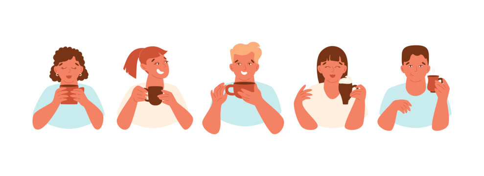 People with coffee in mugs. Portraits of happy and cheerful men and women. Set of abstract characters. Vector illustration. Coffee and tea lovers. Avatars, friends, elements for social media designs.