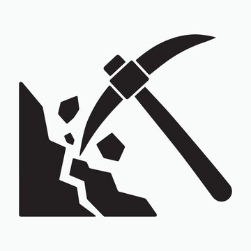Black Pickaxe Breaking Rocks and Stone Silhouette Vector Icon for Mining and Excavation