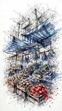 Watercolor Sketch of Outdoor Vegetable Market Stall with Canopy