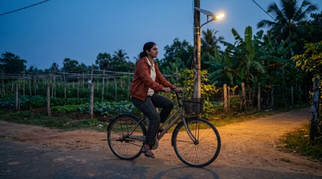Young cyclist passes a solar-lit rural junction