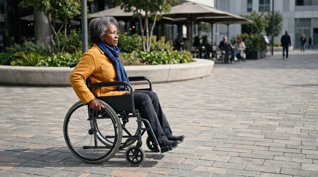 Senior wheelchair user crosses an accessible public plaza