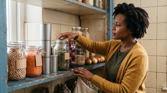 Friends choose pantry staples for a shared dinner