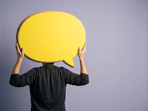 Person holding a blank yellow cardboard speech bubble above their head