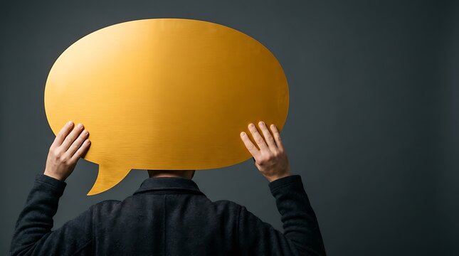 Person holding a blank yellow speech bubble over their head for communication concepts