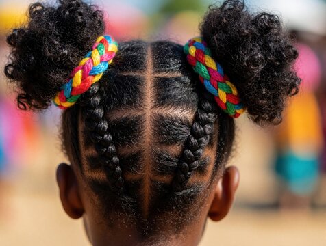 Close up of young African American girl with afro puffs hairstyle. Black curly hair styled in two buns with colorful braided hair bands. Cute toddler hairstyle features neat cornrow braids, textured