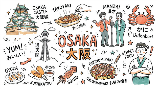 Osaka Japan Travel Illustration featuring Famous Landmarks, Local Street Food, and Culture in Hand-Drawn Doodle Style for Tourism Guide.