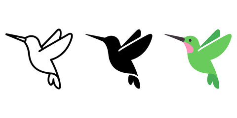 Minimalist hummingbird icon set in black outline, filled silhouette, and green color styles, hummingbird vector graphic for design © MstRupali