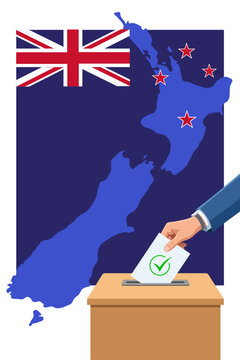 Hand putting ballot paper into voting box with flag and map for New Zealand election campaign concept. 