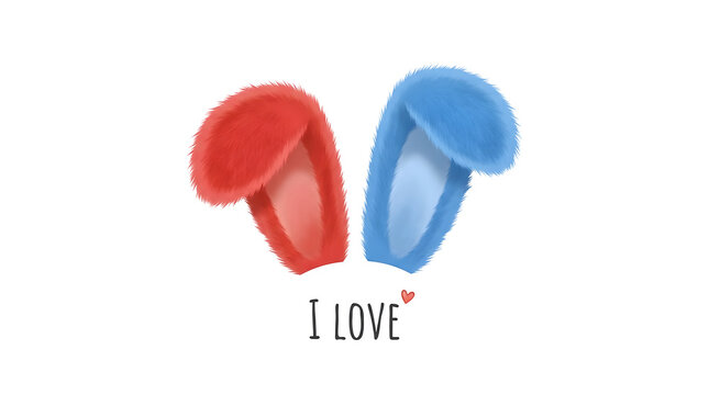 Two fluffy earmuffs in red and blue forming a heart shape illustration