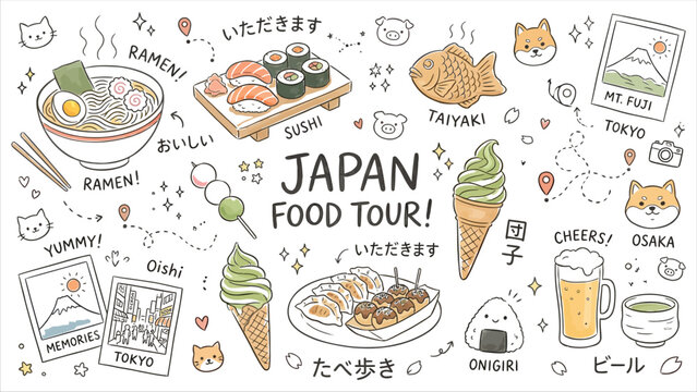 Japanese Food Tour Illustration Set Featuring Ramen Sushi Taiyaki Dumplings and Matcha Ice Cream on White Background