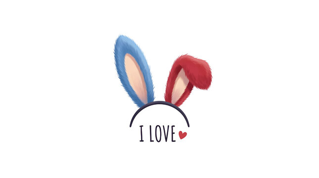 Colorful bunny ears headband with i love text on a white background