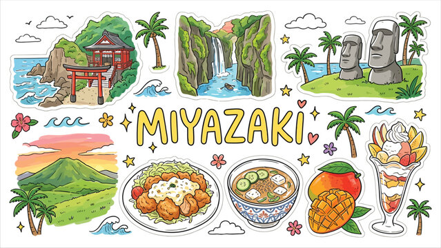 Miyazaki Japan Travel Illustration Set Featuring Iconic Landmarks, Tropical Scenery, Local Cuisine, and Desserts