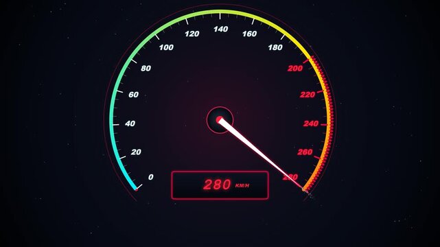 Dynamic 4K motion graphics looping background featuring an aggressive motorsport racing style speedometer gauge with carbon-inspired elements, glowing redline zones, sharp telemetry ticks, and a bold