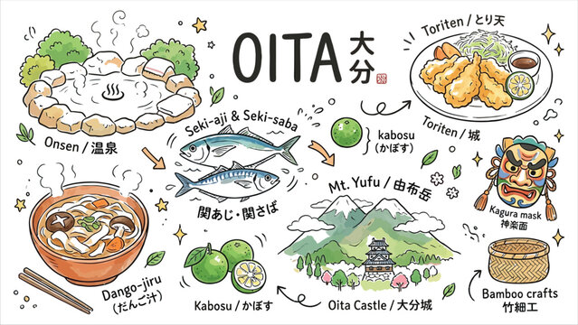 Oita Japan Travel Map Illustration Featuring Local Food Specialties, Hot Springs, and Traditional Cultural Landmarks