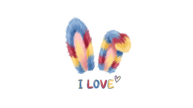 Colorful bunny ears illustration with handwritten i love message below