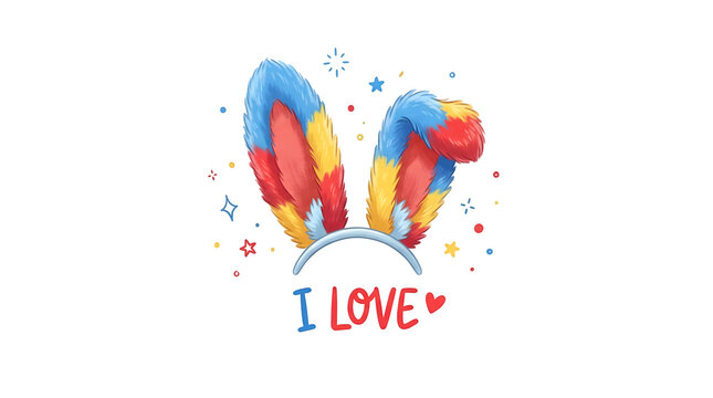 Colorful watercolor bunny ears with festive confetti and handwritten love message