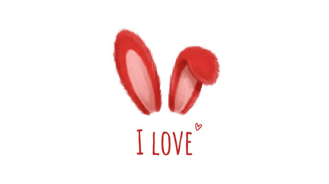 Red rabbit ears illustration with handwritten text saying i love you