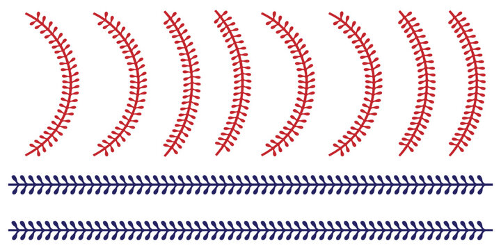 Red and blue baseball or softball leather laces and stitching seams set vector illustration.