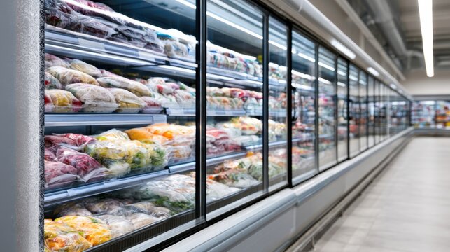 Frozen food section in a grocery store featuring various packaged vegetables, fruits, and meals displayed in glass-fronted freezer units along a well-lit aisle
