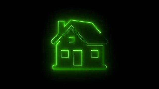 Green neon house icon on dark background, glowing residential home property symbol.