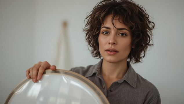 A woman holding a mirror in front of her face for self-admiration or self-examination