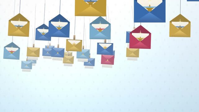 Blue christmas card line with opening envelopes tilted view