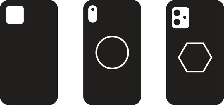 Smartphone back view icon set with camera variations, black solid vector