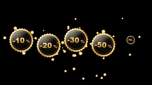 Black Friday discount badges pack, 10 20 30 50 70 percent off gold sale stickers, animated overlay with alpha channel