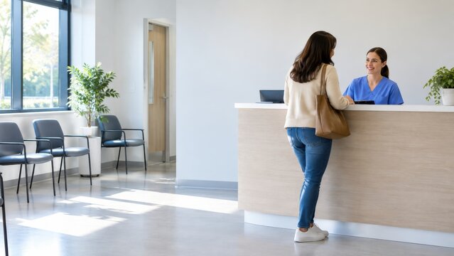 Woman checking in with healthcare receptionist at modern clinic front desk, bright waiting room with chairs, plants, windows, and vaccination visit setting
