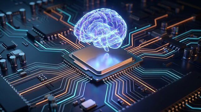 Glowing digital brain hovering above a complex computer processor chip with intelligence technology computing artificial electronic