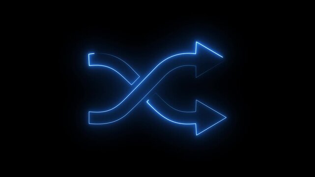 Blue neon shuffle icon on dark background, glowing random mix arrows symbol.