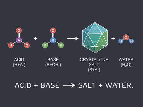 Chemical equation graphic illustrating an acid reacting with a base to form crystalline salt and pure water.
