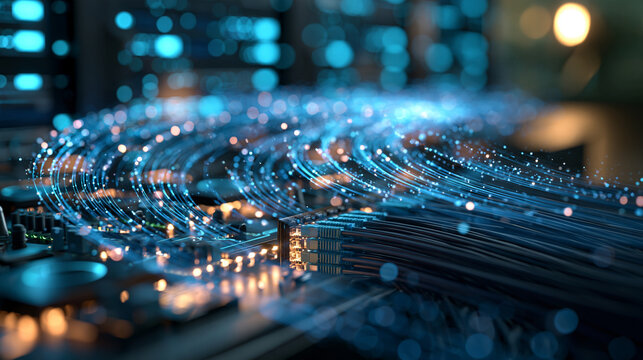 Close up of glowing blue fiber optic cables and network wires curving out of a rack in a modern server room soft blurred racks and blue lights behind fiber optic cables network
