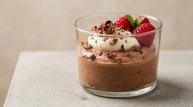 A glass cup filled with smooth chocolate mousse dessert, beautifully topped with a dollop of whipped cream, delicate chocolate curls, fresh red raspberries, and a mint leaf on a stone table