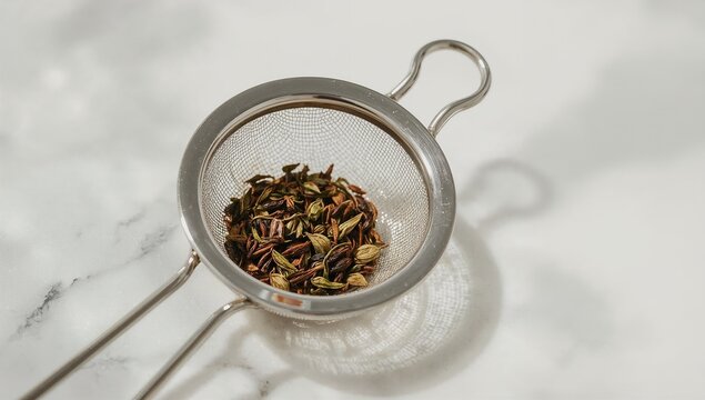 A metal strainer filled with green tea leaves, ready for brewing