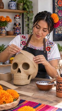 Mexican artisan painting a large clay skull beside marigolds and folk decorations in a colorful studio celebrating Dia de los Muertos crafts