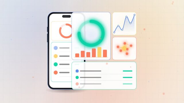 Mobile app interface analytics dashboard with smooth flowing motion in a seamless loop animation