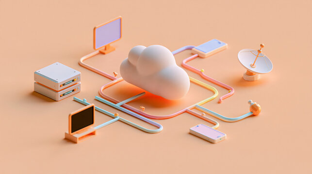 Low poly cloud services concept small isometric cloud in the center linked by pastel paths to tiny low poly devices a server a tv a phone and a satellite dish on a peach