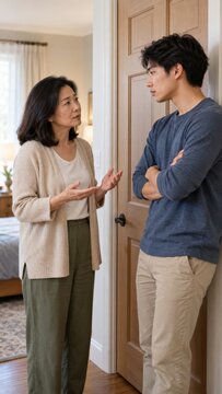 Mother and son having a serious conversation beside an open wooden door at home, with concerned expressions and crossed arms during a family disagreement indoors